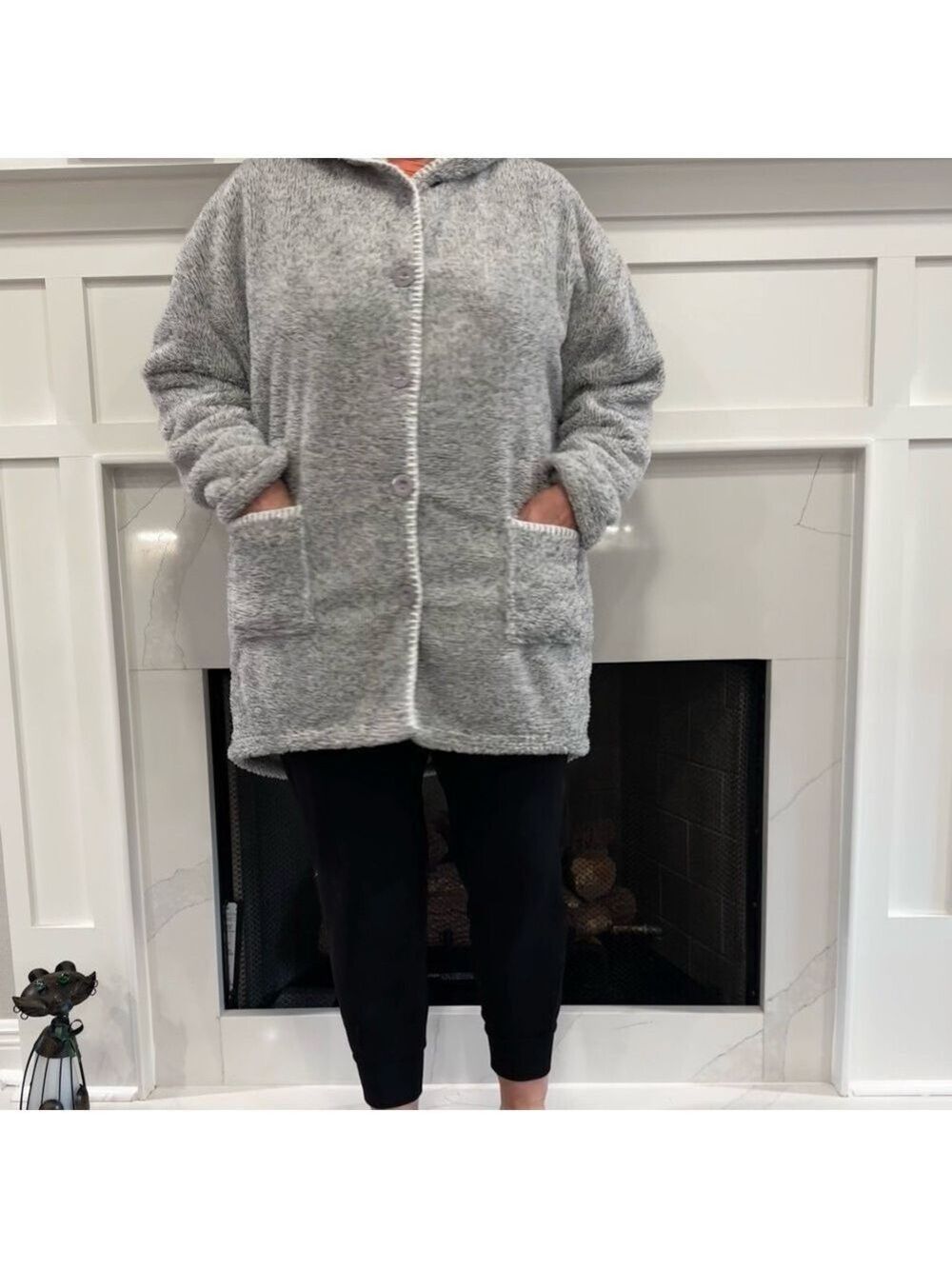 PJ Couture Gray Button up, Hooded Very Soft Robe. Medium length Size L/XL